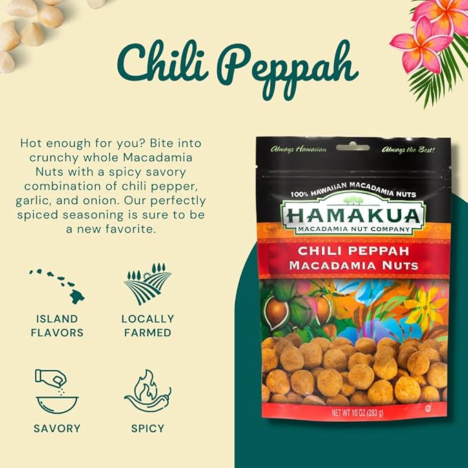 Hamakua Macadamia Nuts - Spicy Chili Pepper - Hawaiian Grown Flavored Dry Roasted Half and Whole