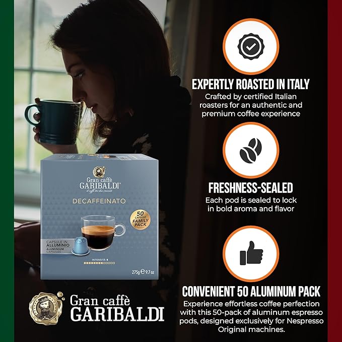 Gran Caffè Garibaldi Decaffeinated Espresso Pods, Italian Roast Coffee, Decaf Capsules Compatible