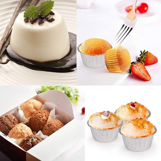 2 Oz Disposable Baking Cups Tins Foil Pans Cups 70 mL Aluminum Foil Cupcake Bowl Pans for Baking