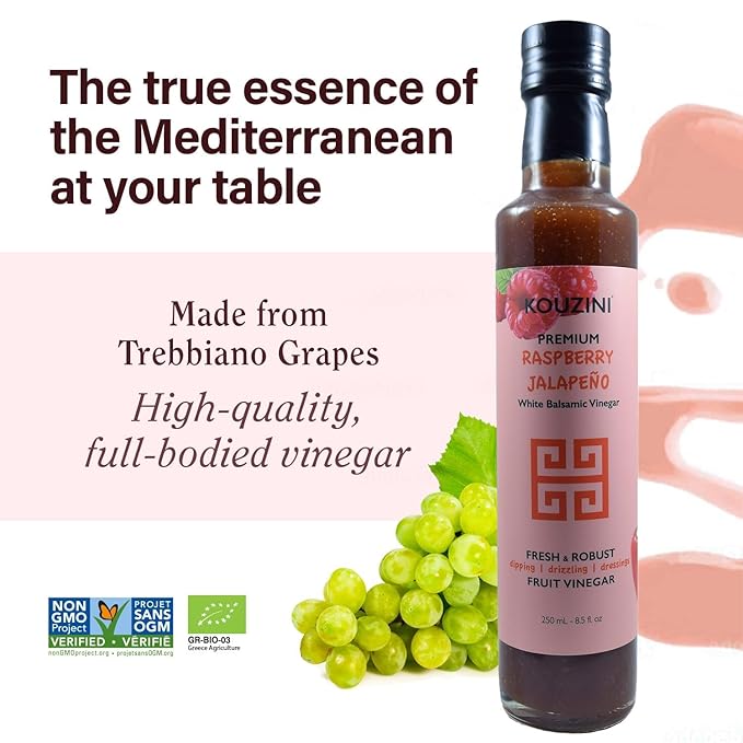 Kouzini Ultra Premium Raspberry Jalapeno Fruit White Balsamic Vinegar, Aged Balsamic Vinegars from