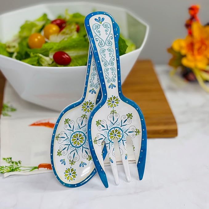UPware Jewel Medallion Melamine Salad Servers, Serving Utensil Set, Includes Serving Fork and Spoon