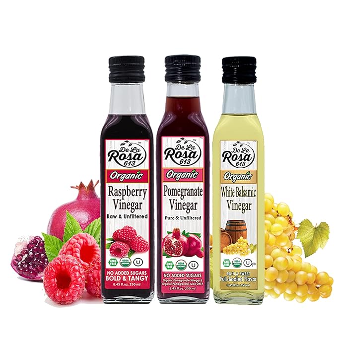De La Rosa Organic Vinegar Gift Box, Raspberry, Pomegranate & White Balsamic Vinegar, Vegan