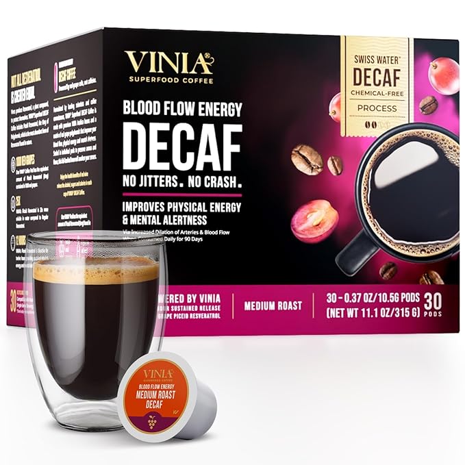 VINIA Blood Flow DECAF Coffee - Medium Roast Superfood Coffee Pods, Swiss Water Process Powered by