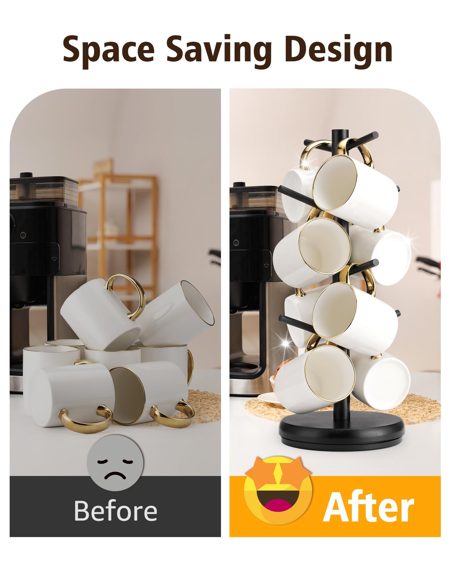 Lorbro Coffee Mug Tree, 360° Rotating Wooden Mug Holder with 8 Hooks