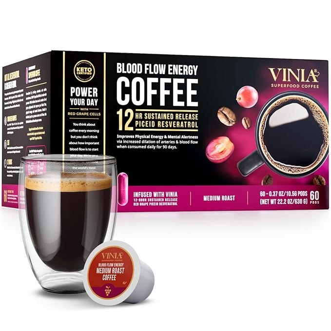 VINIA Blood Flow Energy Coffee Pods - Medium Roast Infused with Red Grape Piceid Resveratrol for