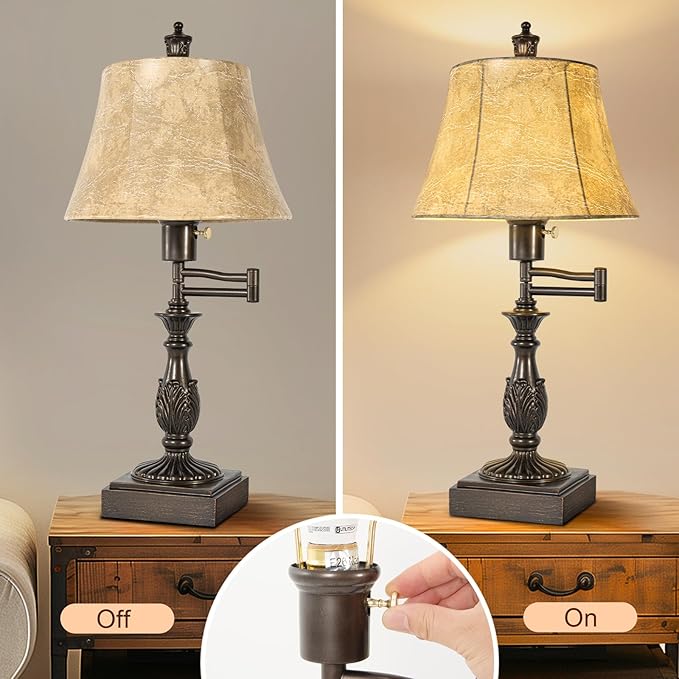 23.5" Rustic Traditional 350° Adjustable Swing Arm Table Lamp Set of 2 with USB A+C Ports Brown