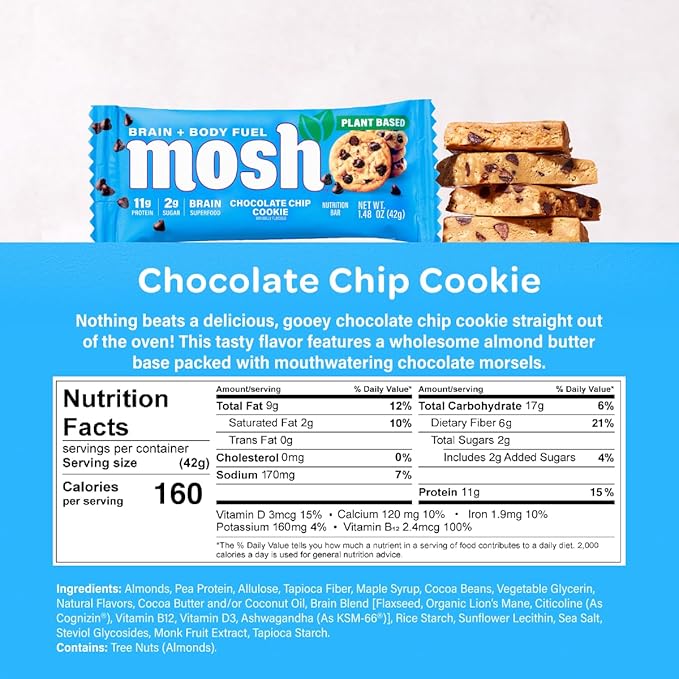 MOSH Chocolate Chip Cookie Vegan Protein Bars, Plant Based, Keto, Gluten Free, Brain Healthy Snack