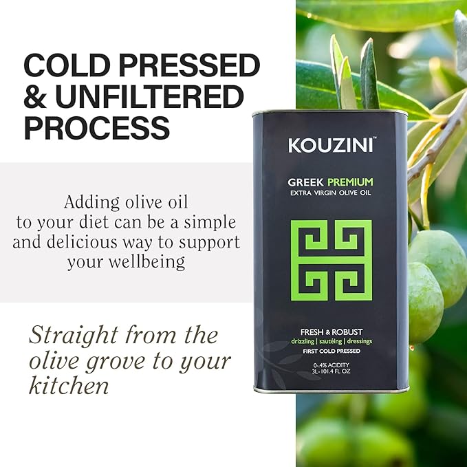 Kouzini Greek Premium Extra Virgin Olive Oil, 3 Liter Tin, Cold Pressed, Single Origin, Rich Flavor