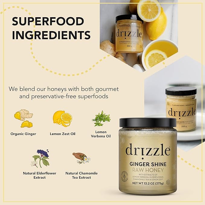 Drizzle Ginger Shine Raw Honey - All Natural Pure Raw Honey with Organic Ginger, Unfiltered &