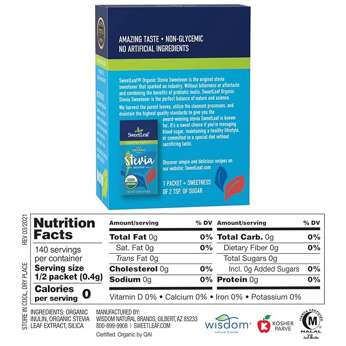 SweetLeaf Organic Stevia Packets - Zero Calorie Stevia Powder, No Bitter Aftertaste, Sugar
