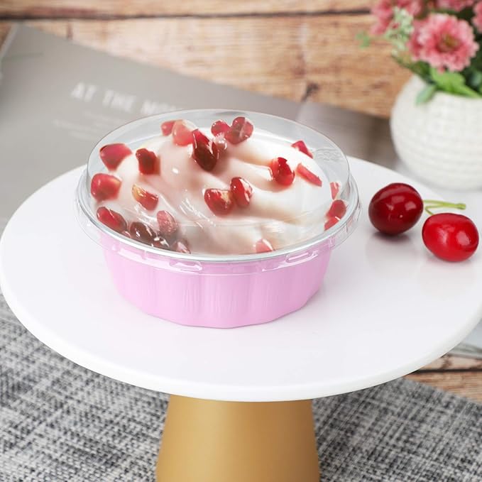 Beasea Disposable Ramekins with Lids Pink, 8oz 100 Pack Aluminum Cups for Baking, Aluminum Foil