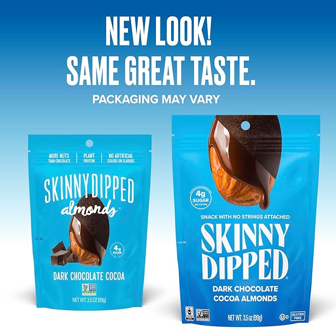 SkinnyDipped Dark Chocolate Cocoa Almonds, Healthy Snack, Plant Protein, Gluten Free, 3.5 oz