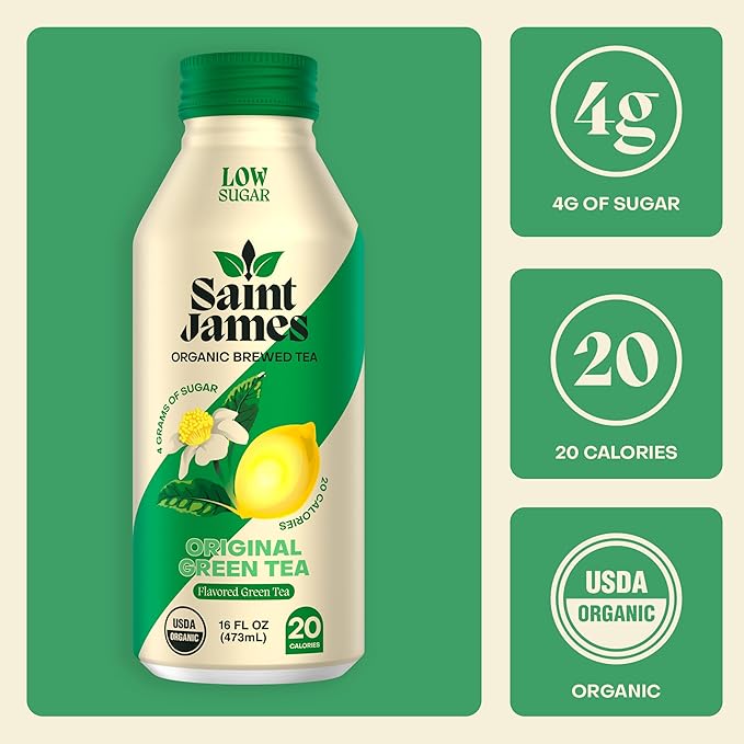 Saint James Iced Tea - Organic Green Tea - Non GMO, Gluten Free, Low Calorie & Low Sugar - Original