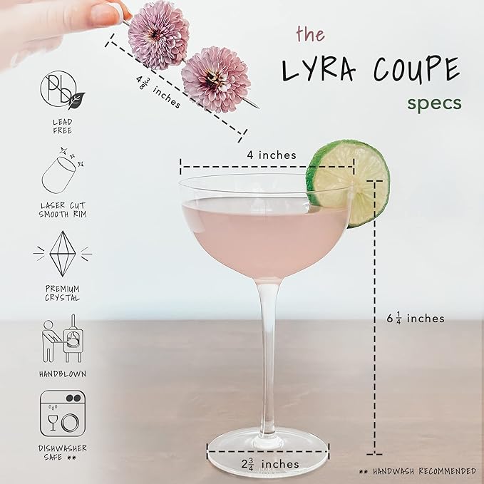 PURE MORA The Lyra Coupe Glass Set of 4, 7oz Handblown Premium Crystal Classic Cocktail Glasses for