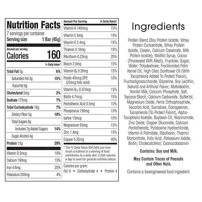 WonderSlim Meal Replacement Protein Bar, Peppermint Cocoa Crunch, 15g Protein, 20 Vitamins &