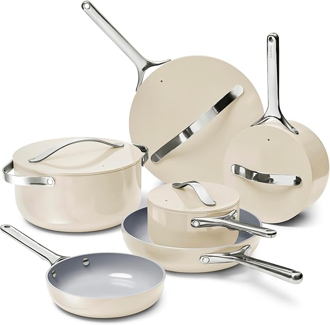 Caraway Deluxe Nonstick Ceramic Cookware Set (16 Piece) Pots, Frying Pans, Lids and Kitchen Storage