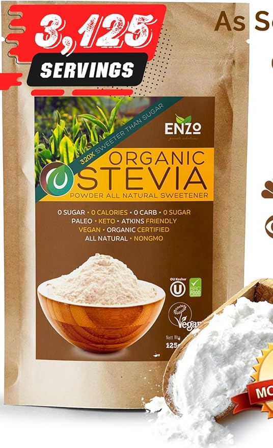 Enzo Organic Stevia Powder 125g (4.4oz / 3125-Servings) - Premium USDA Certified All Natural