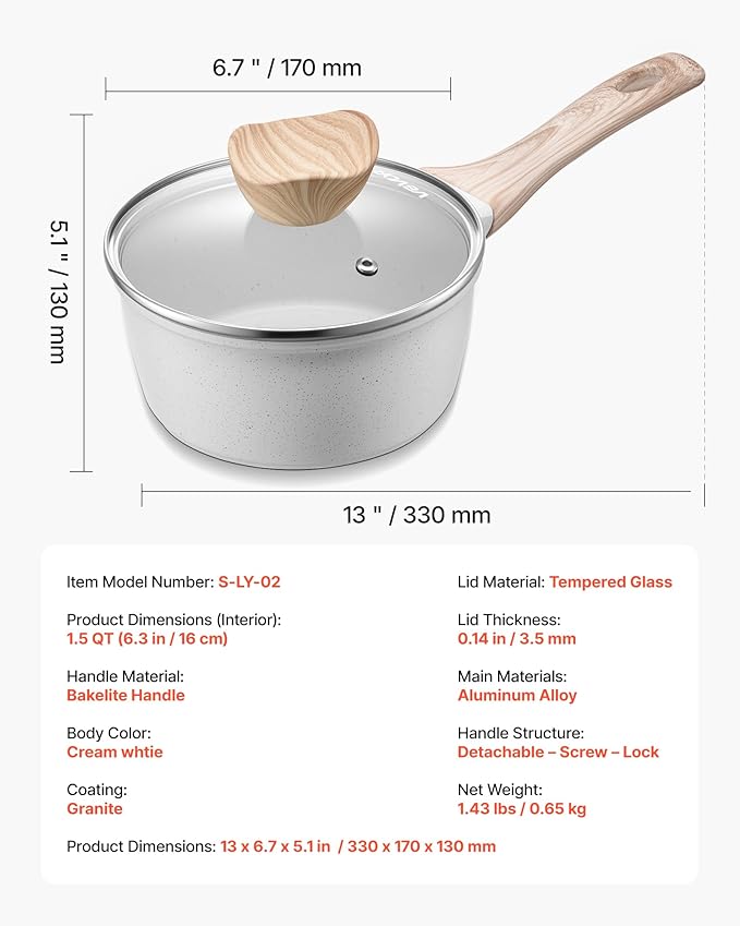 VEVOR 1.5 QT Saucepan, Nonstick Saucepan with Tempered Glass Lid, Multipurpose Cooking Sauce Pot