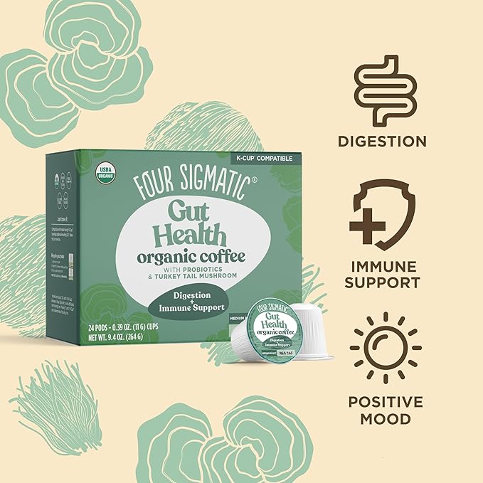 Four Sigmatic Gut Health Organic Coffee Pods | Medium Roast Probiotic K Cups with Chaga and Turkey