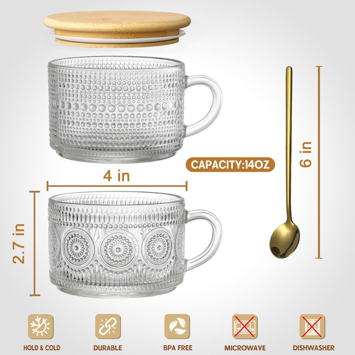 LANDNEOO 4pcs Set Vintage Coffee Mugs gifts for women, Overnight Oats Containers with Bamboo Lids