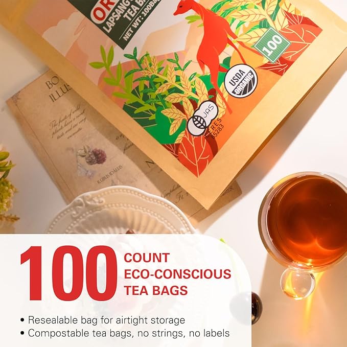 WT WEETEE Organic Lapsang Souchong Tea Bags, Organic Smoky Black Tea 100 Count, Natural Caffeine &