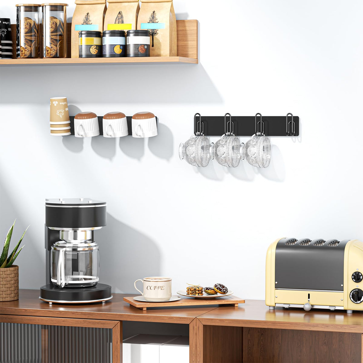 LOXSUN 2pcs Mug Holder Wall Mounted, Coffee Cup Holder with 4 Mug Hooks, Metal Cup Hanger Mugs