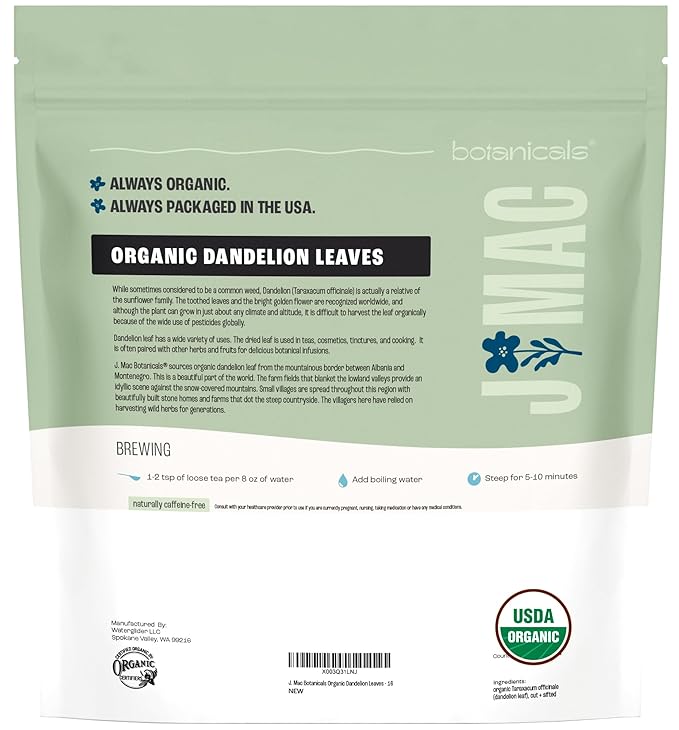 J Mac Botanicals, Organic Dandelion Leaves (16 oz bag) USDA Certified Organic Dandelion leaf tea