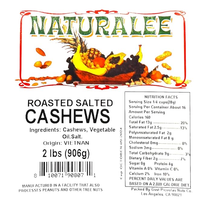 Naturalee Cashews 2 lbs - Roasted, Salted - Natural Heart Healthy Snack
