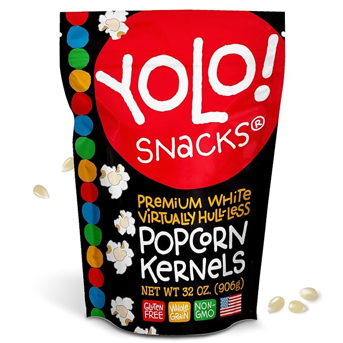YOLO! Gourmet Virtually Hulless Popcorn Kernels, Premium White Butterfly Popping Corn, Non GMO