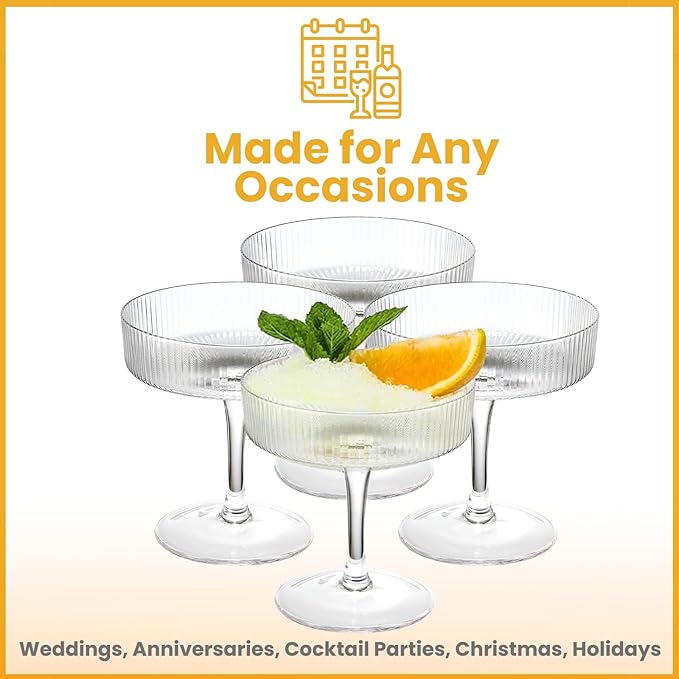 Khen Ribbed Vintage Art Deco Coupe Glasses - Martini, Champagne & Cocktail Ribbed Glasses 8oz |