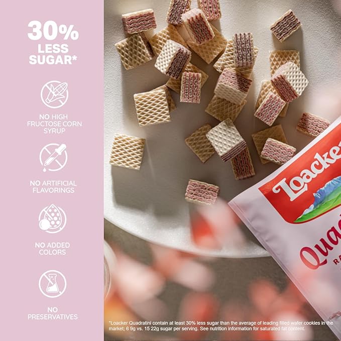 Loacker Quadratini Raspberry Yogurt Wafer Cookies LARGE - 30% Less Sugar - Premium Crispy Bite Size