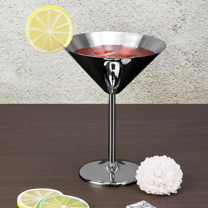 QWORK 304 Stainless Steel Martini Glasses - 8oz Unbreakable, 6 Pack Shatterproof Cocktail Goblets