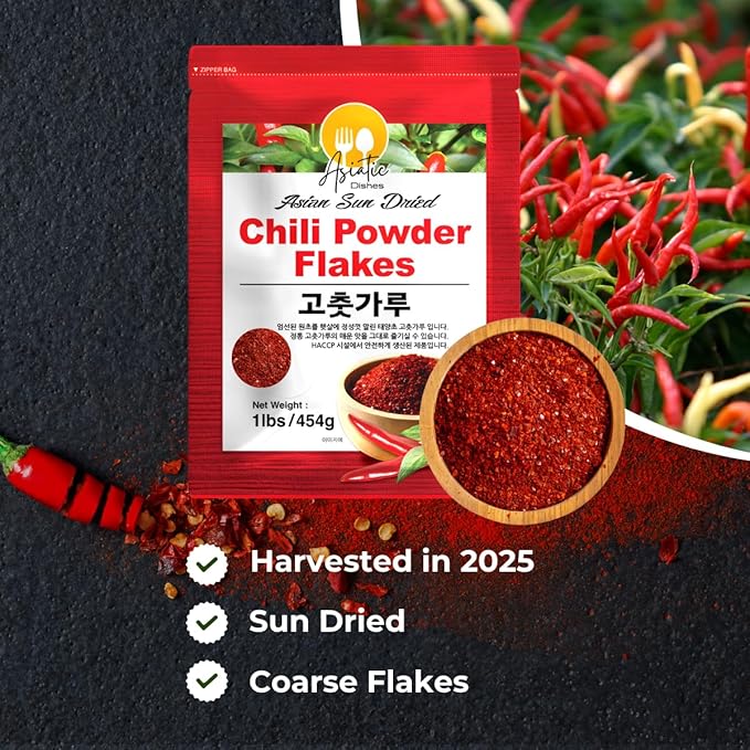Asiatic Dishes Premium Korean Gochugaru Red Pepper Flakes ??1 lb Sun-Dried Chili for Kimchi, Stews