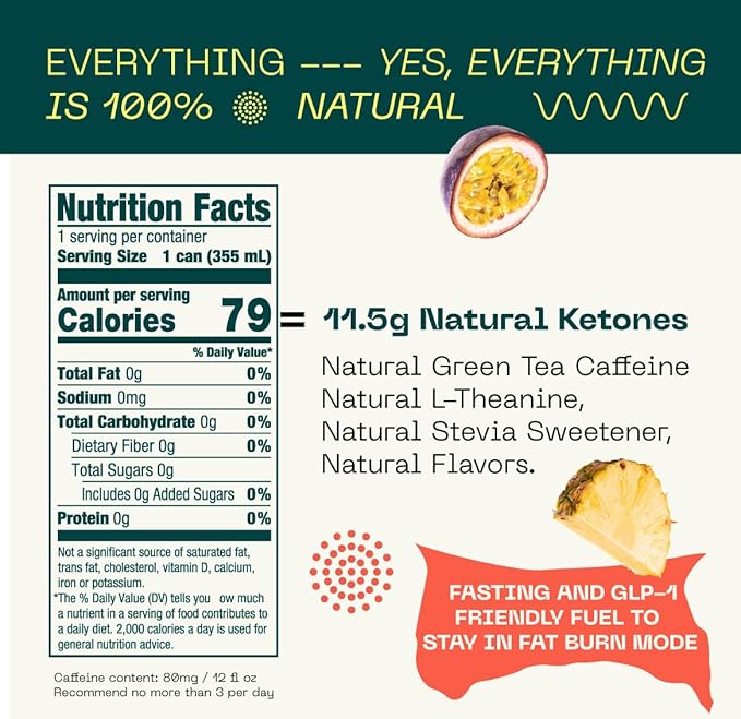 KEY Ketone Energy Drink : Sugar Free, 80mg Low Caffeine, All Natural, 11.5g Ketones, Long Lasting