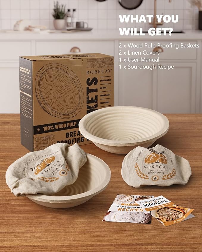 Wood Pulp Banneton Bread Proofing Baskets Set of 2, 9 Inch Round 2.2LB Sourdough Banneton Basket