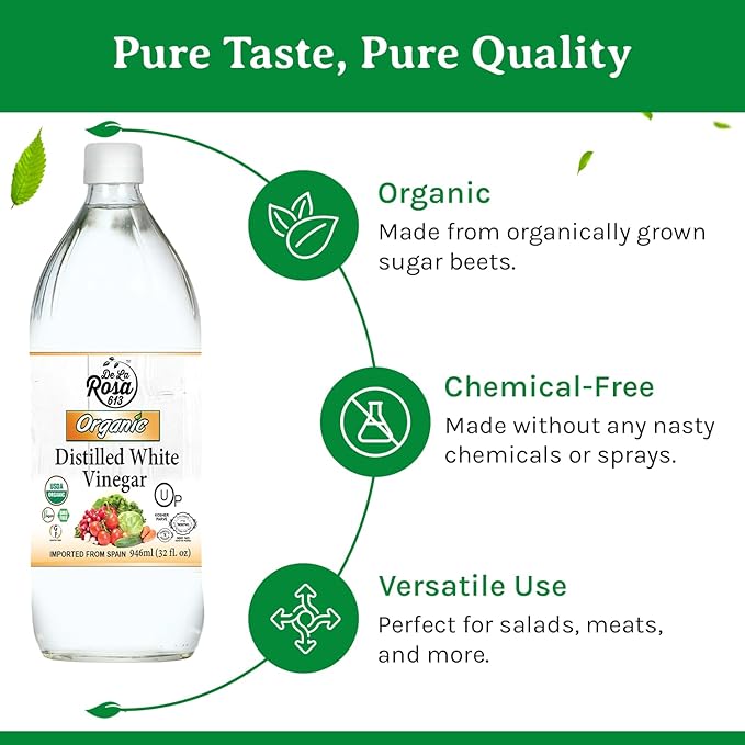 De La Rosa Organic Distilled White Vinegar, Raw & Unfiltered, Kosher for Passover, Vegan & Gluten