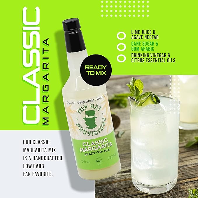 Top Hat Classic Agave Lime Margarita Mix - Handcrafted with Agave Nectar & Natural Lime Juice