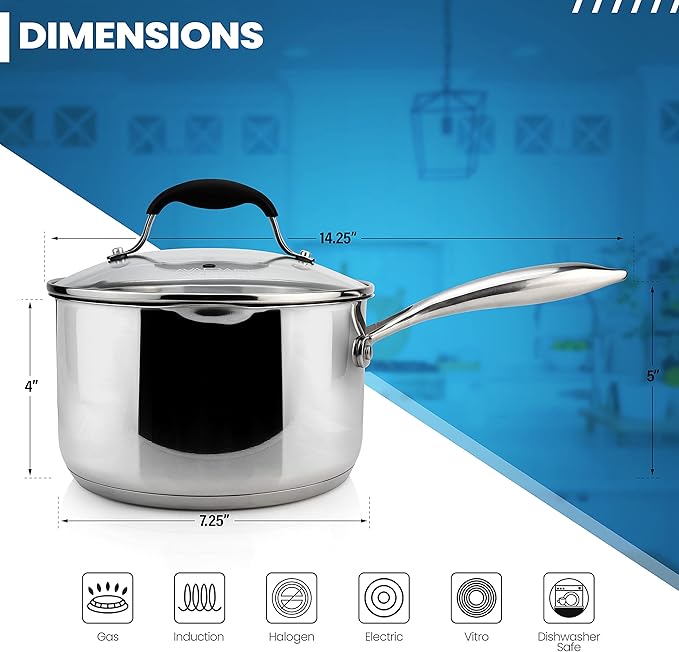 AVACRAFT Stainless Steel Saucepan with Glass Strainer Lid, Two Side Spouts for Easy Pour with
