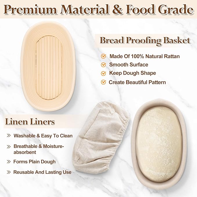 P&P CHEF Sourdough Bread Proofing Basket Set of 6, 10 Inch Oval Dough Proofing Bowls, Sourdough