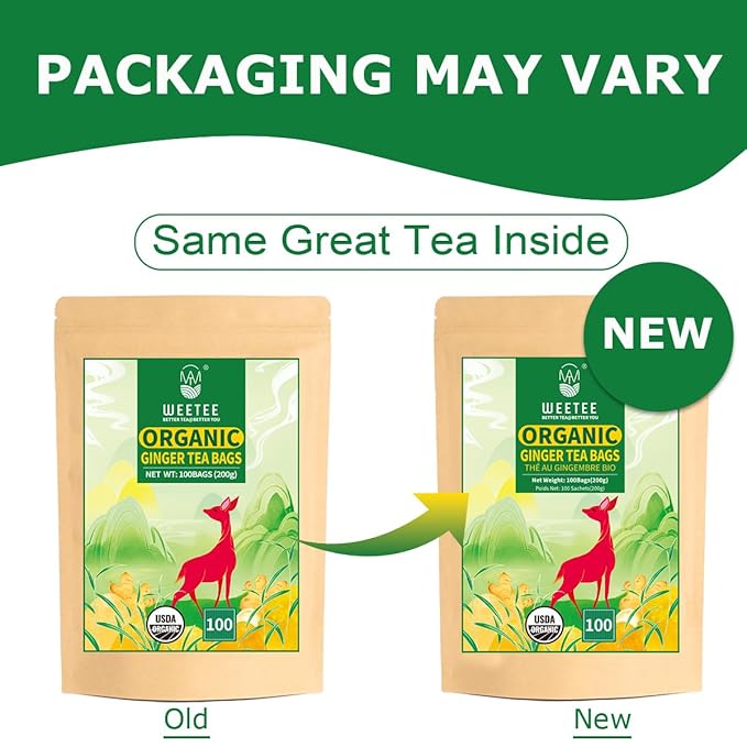 WT WEETEE Organic Ginger Tea Bags, 100% Pure Ginger Root Tea 100 Count, Caffeine Free, No Spices