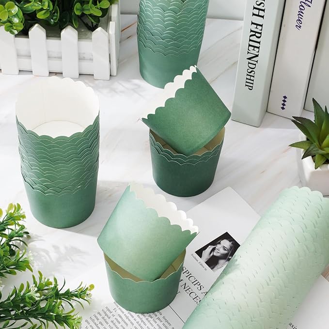 Whaline 120Pcs Sage Green Paper Baking Cups Scalloped Edge Cupcake Wrappers Gradient Green Cupcake