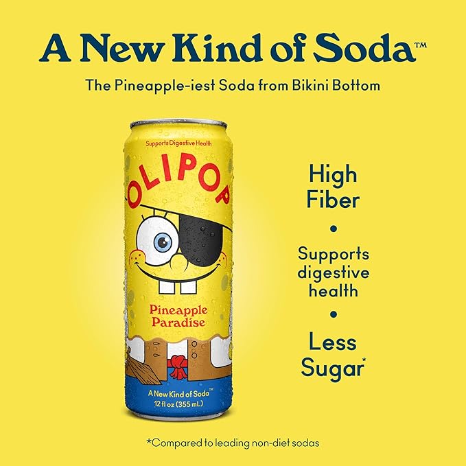 OLIPOP Prebiotic Soda Pop, SpongeBob Pineapple Paradise, Pantry Pack Packed with Prebiotics, Fiber