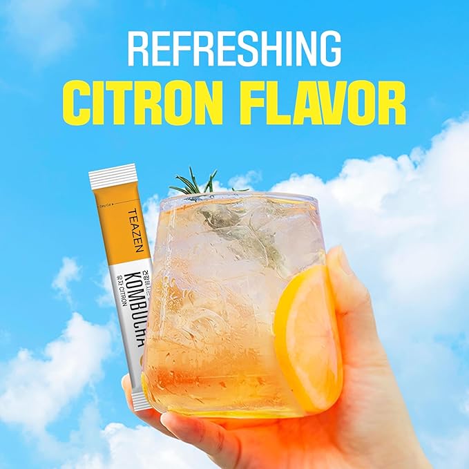 TEAZEN Citron Kombucha Tea, Hydration Drink Mix, Sugar Free, Live Probiotics & Prebiotics, 10