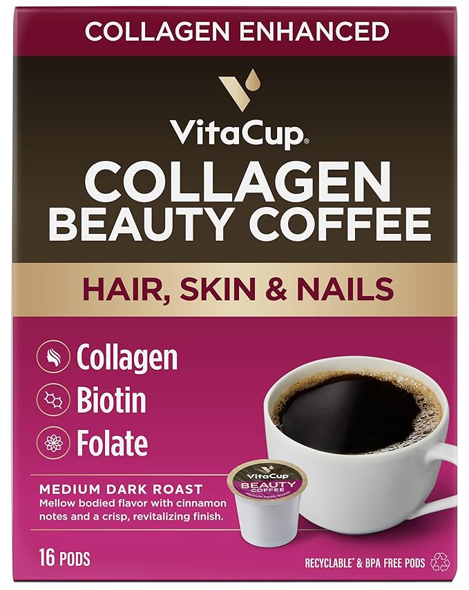 VitaCup Beauty Collagen Coffee Pods for Hair, Skin & Nails, with Biotin & Folate, Medium Dark