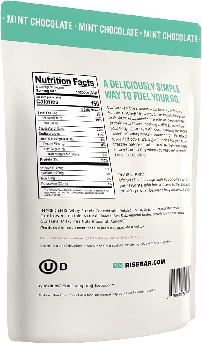Rise Grass-Fed Whey Protein Powder - Mint Chocolate | 25g Protein No Artificial Flavors, Colors, or