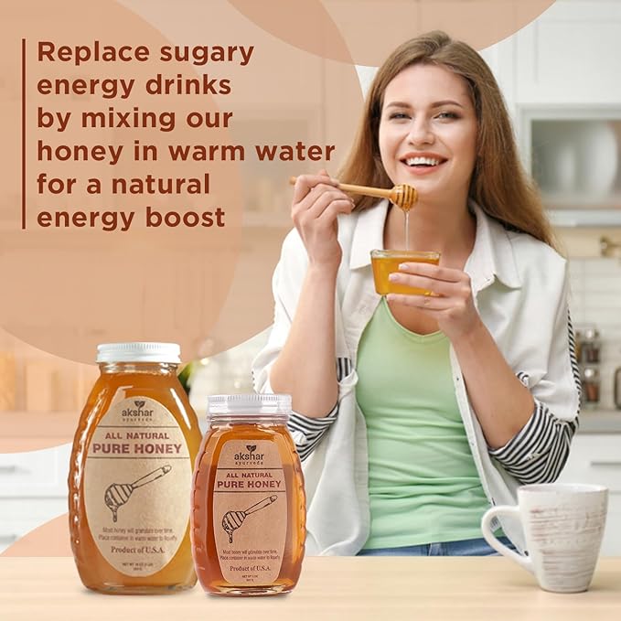 Akshar Ayurveda - 8 Oz Pure Honey - All Natural USA Honey - Smooth & Easy to Pour, Stored in Glass