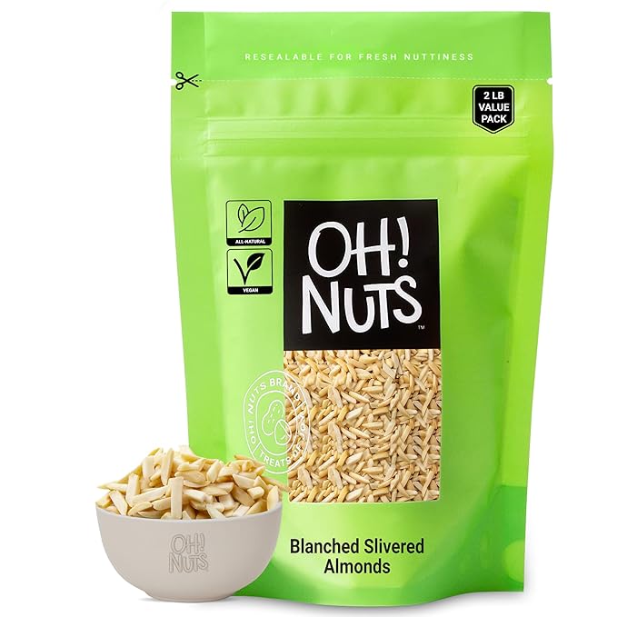 Oh! Nuts Almonds Blanched Slivered - Raw - 100% Natural - 2 lb - High-Protein Almond - Packed in