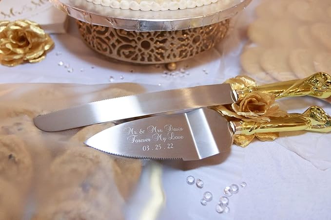 GIFTS INFINITY® Personalized Gold Interlock Hearts Wedding Cake Knife and Server Set Free Engraving