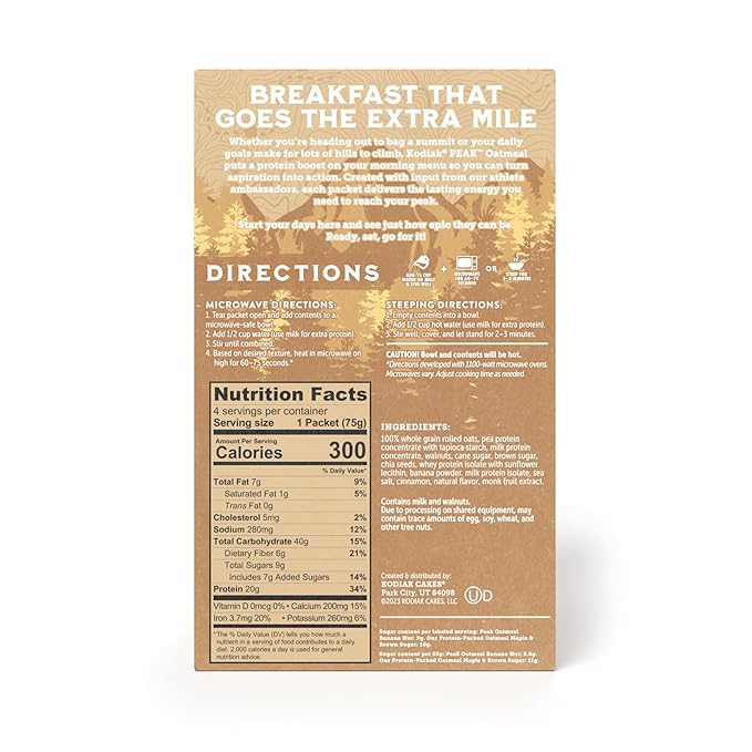 Kodiak Cakes Peak Instant Oatmeal Packets, Banana Nut, High Protein,100% Whole Grains, 6 box with 4