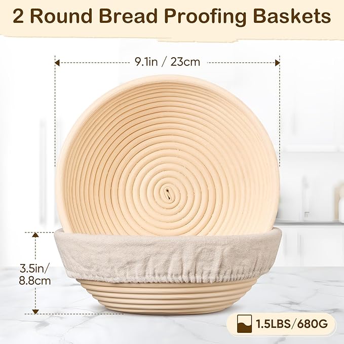 TeamFar Bread Proofing Basket Set of 2, Sourdough Bread Baking Supplies, 9 Inch Round Proofing